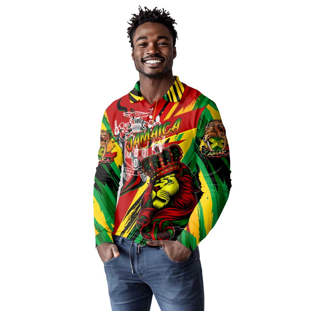 Afro Jamaica Lion Long Sleeve Polo Shirt Coat Of Arms Rastafarianism