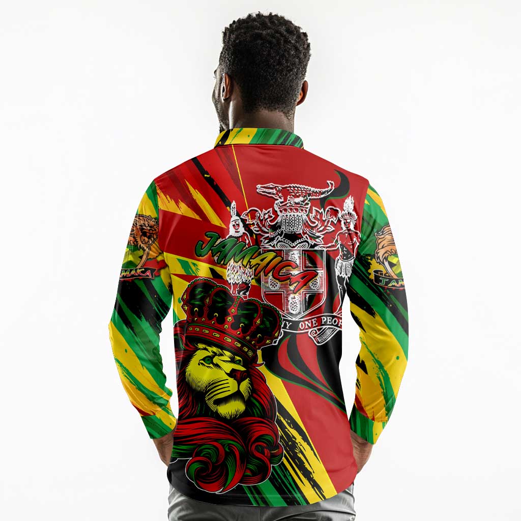 Afro Jamaica Lion Long Sleeve Polo Shirt Coat Of Arms Rastafarianism
