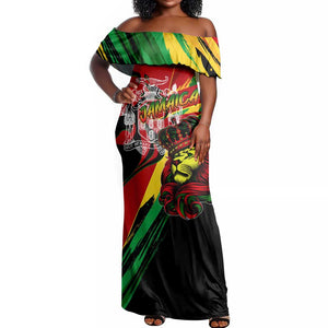 Afro Jamaica Lion Off Shoulder Maxi Dress Coat Of Arms Rastafarianism