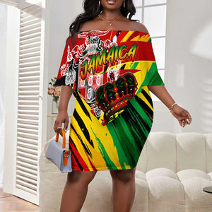 Afro Jamaica Lion Off Shoulder Short Dress Coat Of Arms Rastafarianism