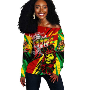 Afro Jamaica Lion Off Shoulder Sweater Coat Of Arms Rastafarianism