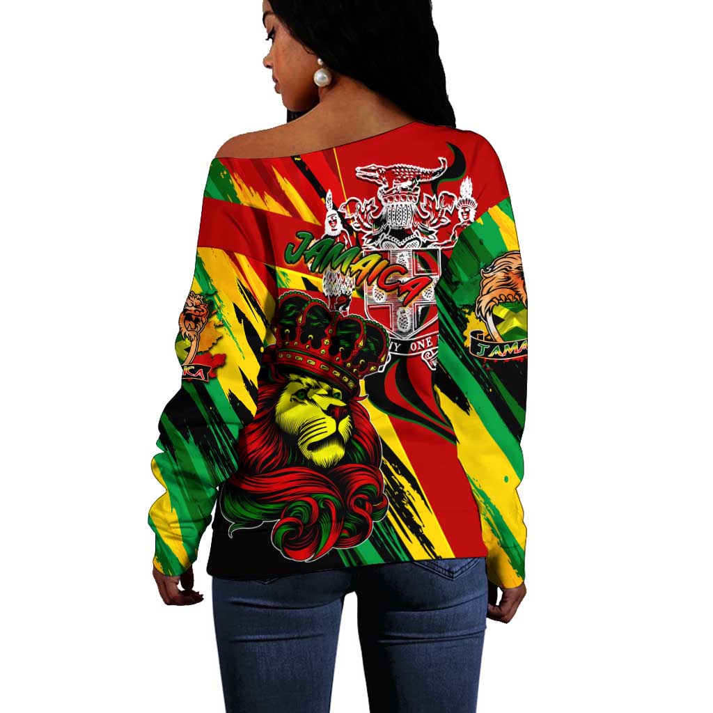 Afro Jamaica Lion Off Shoulder Sweater Coat Of Arms Rastafarianism