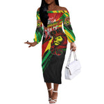Afro Jamaica Lion Off The Shoulder Long Sleeve Dress Coat Of Arms Rastafarianism