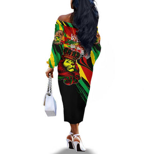 Afro Jamaica Lion Off The Shoulder Long Sleeve Dress Coat Of Arms Rastafarianism