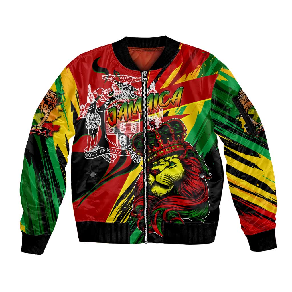 Afro Jamaica Lion Sleeve Zip Bomber Jacket Coat Of Arms Rastafarianism
