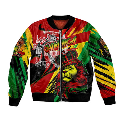 Afro Jamaica Lion Sleeve Zip Bomber Jacket Coat Of Arms Rastafarianism