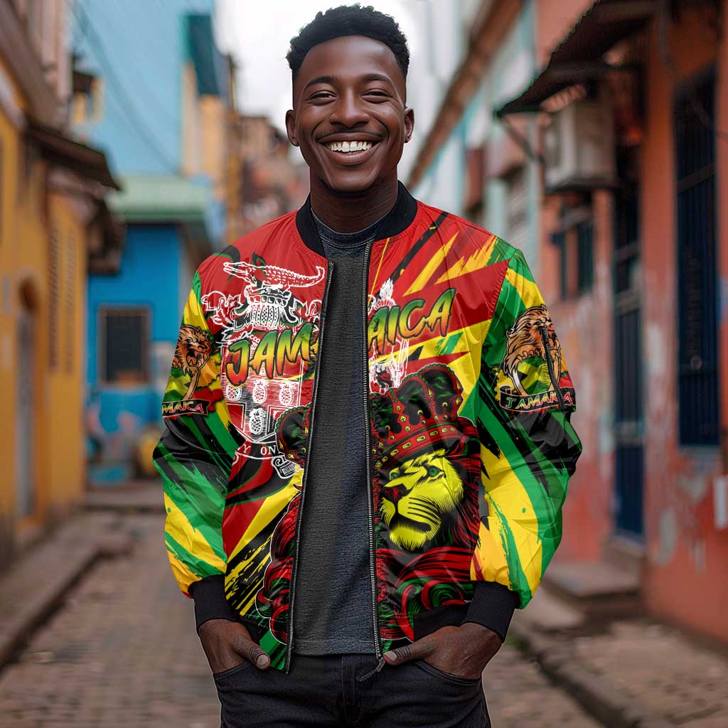 Afro Jamaica Lion Sleeve Zip Bomber Jacket Coat Of Arms Rastafarianism