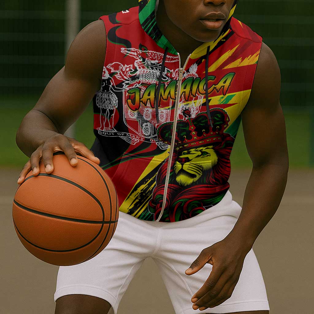 Afro Jamaica Lion Sleeveless Zip Hoodie Coat Of Arms Rastafarianism - African Pride