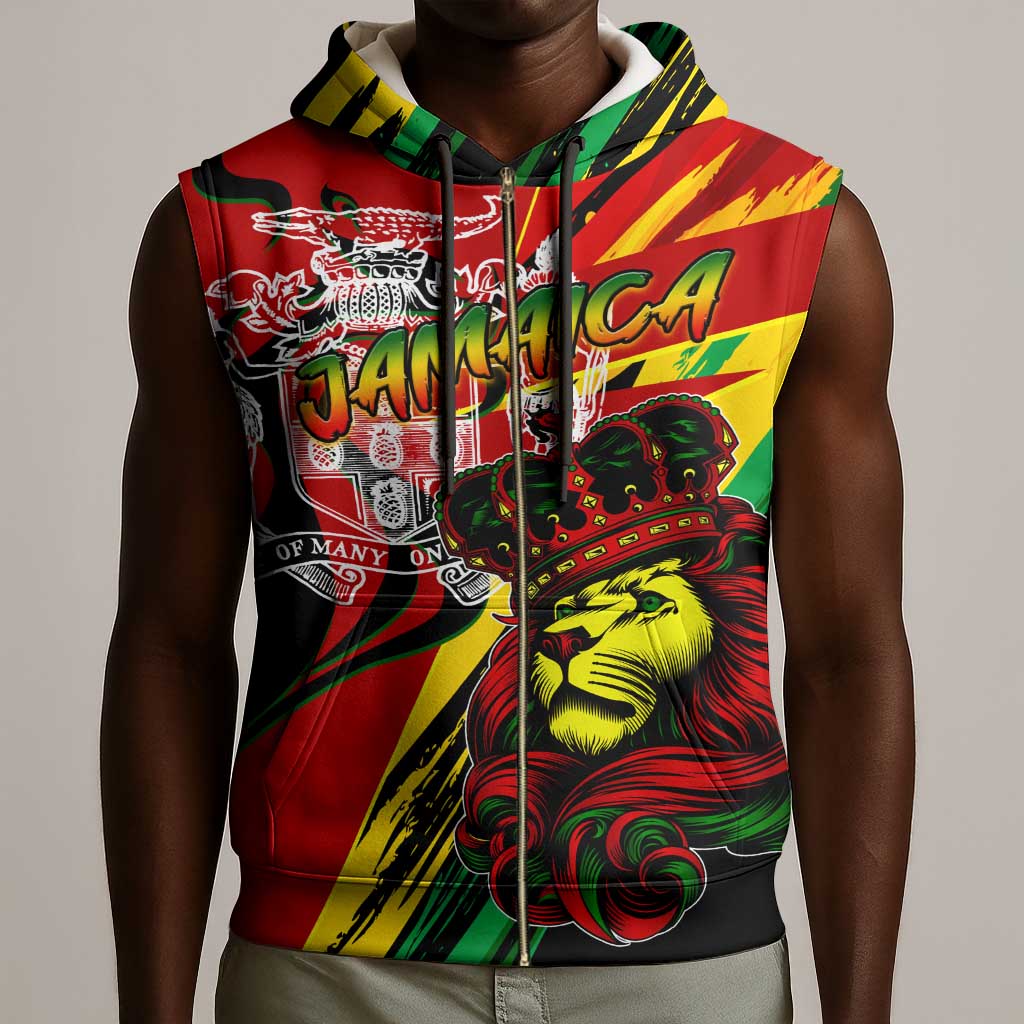 Afro Jamaica Lion Sleeveless Zip Hoodie Coat Of Arms Rastafarianism - African Pride