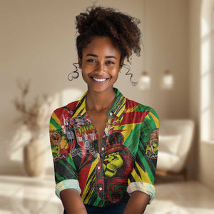 Afro Jamaica Lion Women Casual Shirt Coat Of Arms Rastafarianism