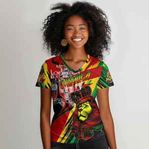 Afro Jamaica Lion Women V-Neck T-Shirt Coat Of Arms Rastafarianism