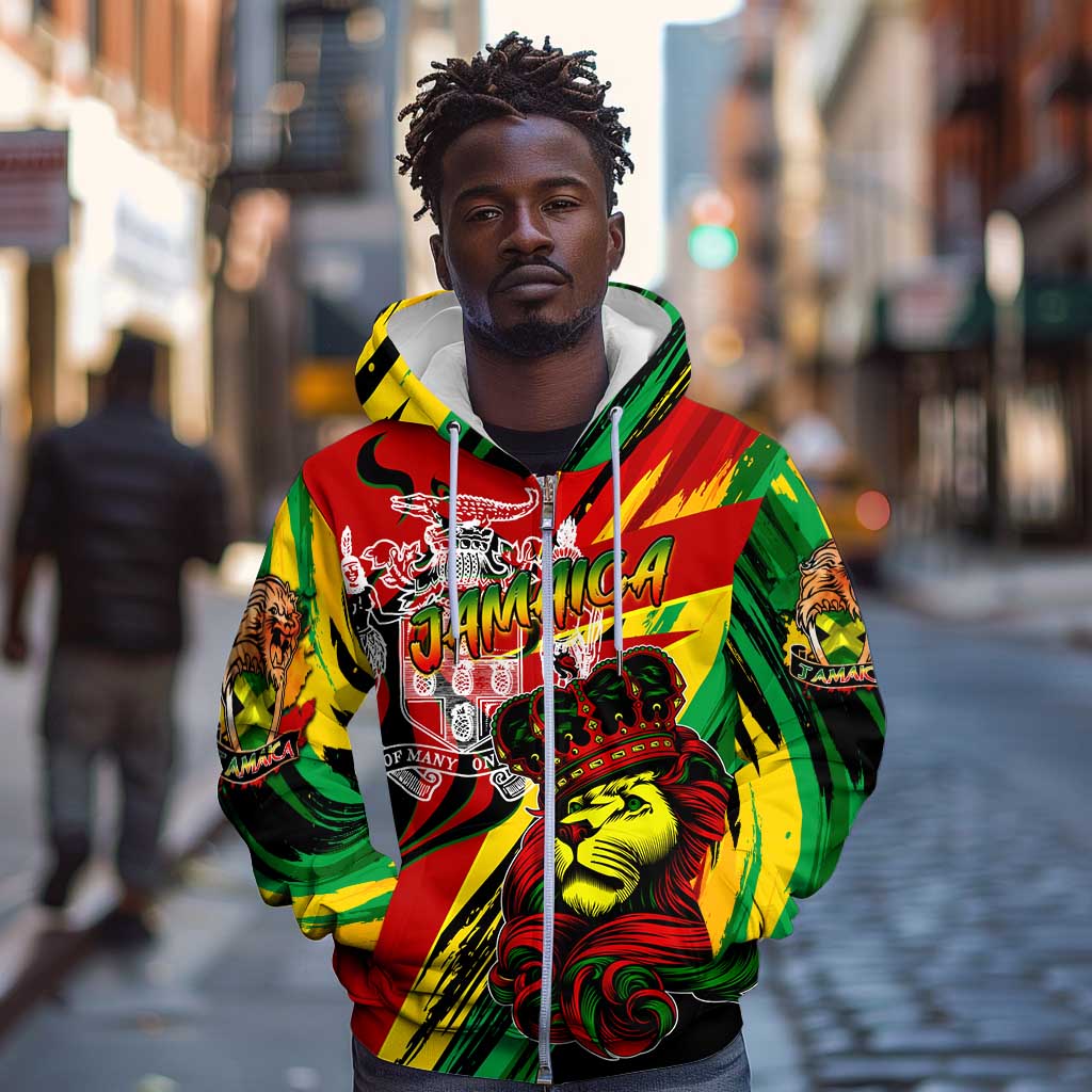 Afro Jamaica Lion Zip Hoodie Coat Of Arms Rastafarianism