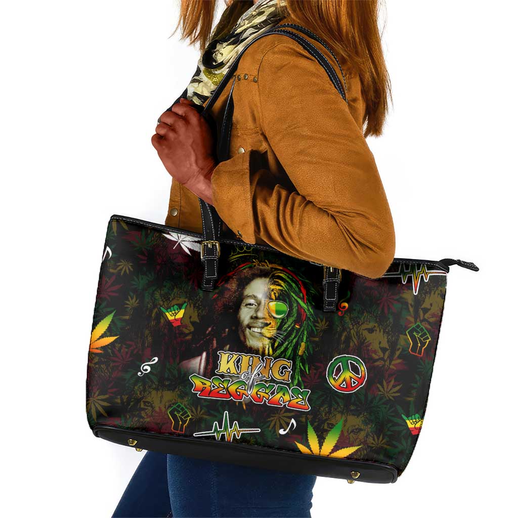 King Of Reggae Legend Bob Leather Tote Bag Peace and Love