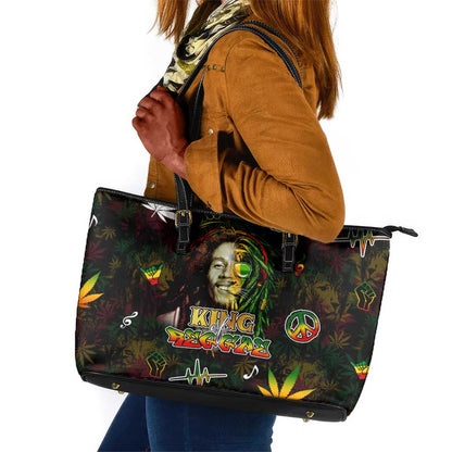 King Of Reggae Legend Bob Leather Tote Bag Peace and Love