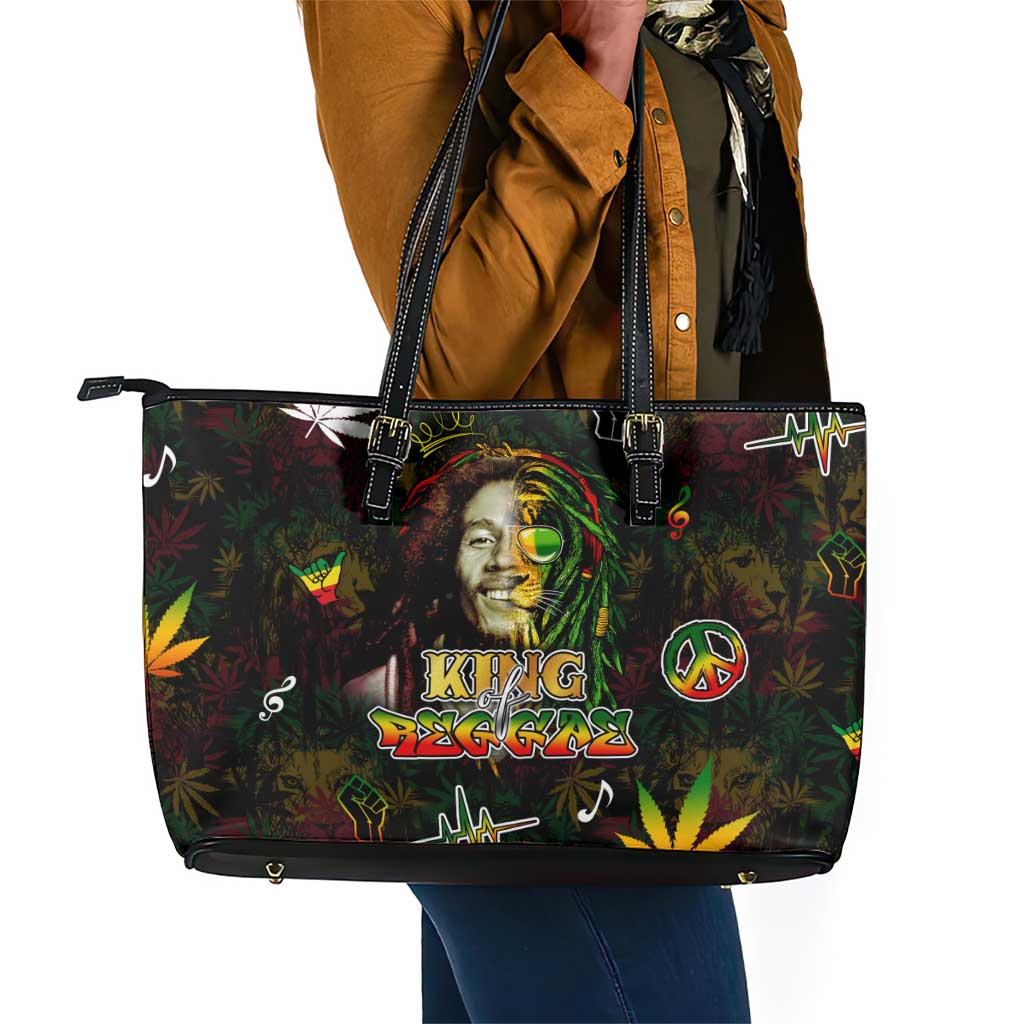 King Of Reggae Legend Bob Leather Tote Bag Peace and Love