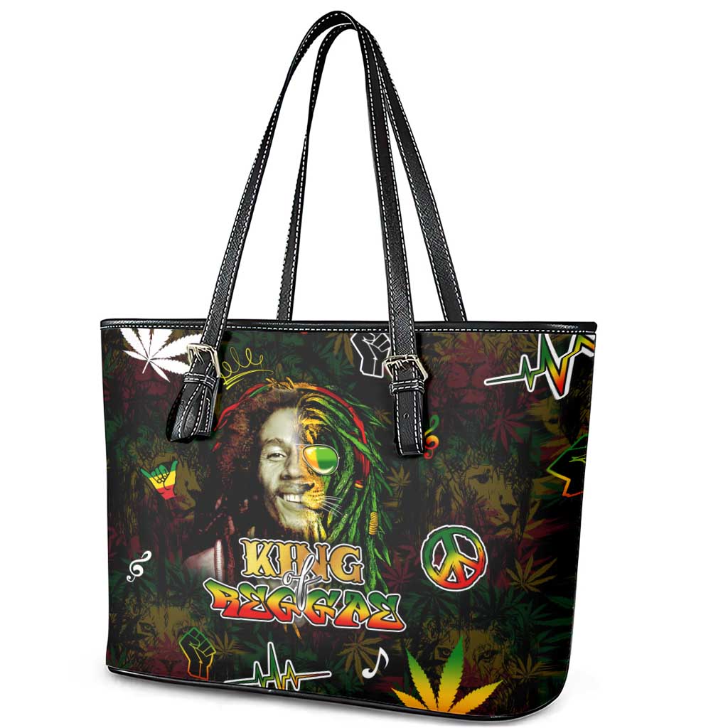 King Of Reggae Legend Bob Leather Tote Bag Peace and Love