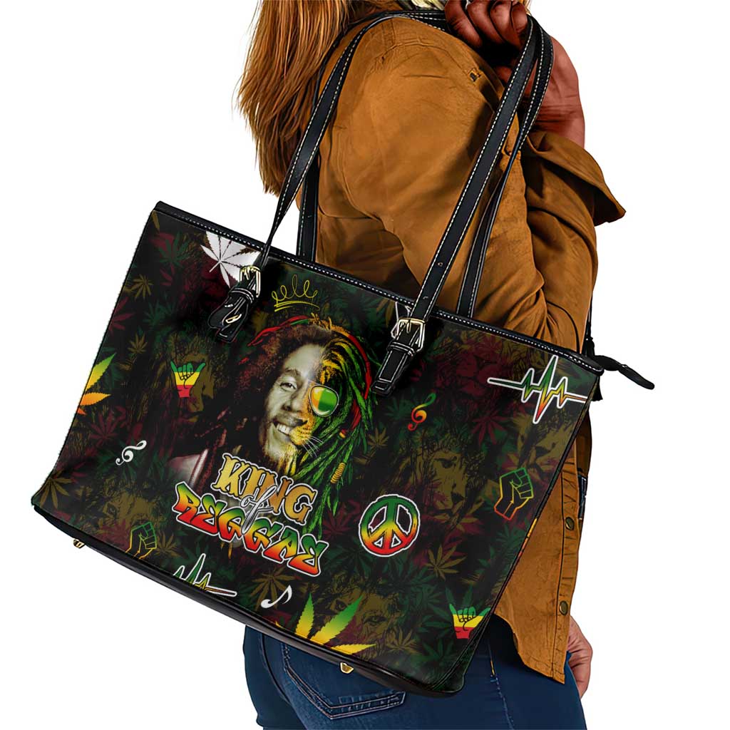 King Of Reggae Legend Bob Leather Tote Bag Peace and Love
