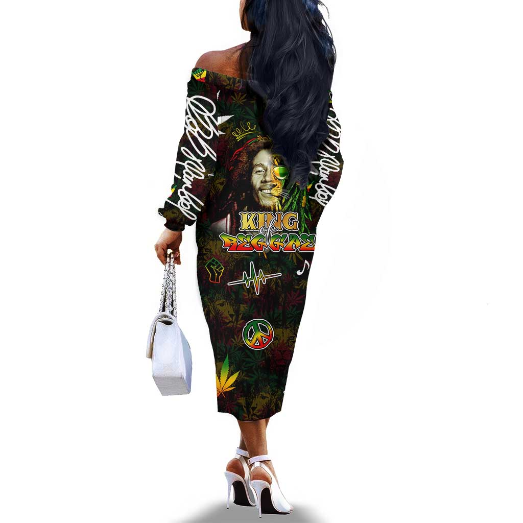 King Of Reggae Legend Bob Off The Shoulder Long Sleeve Dress Peace and Love