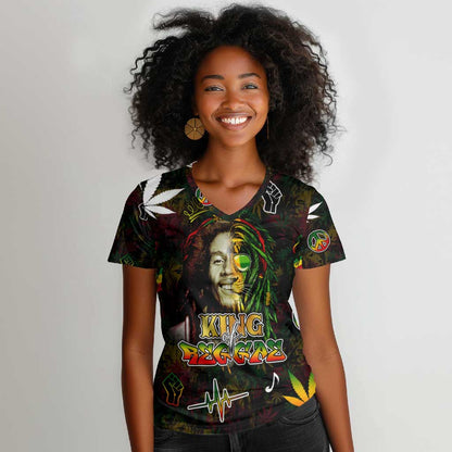 King Of Reggae Legend Bob Women V-Neck T-Shirt Peace and Love