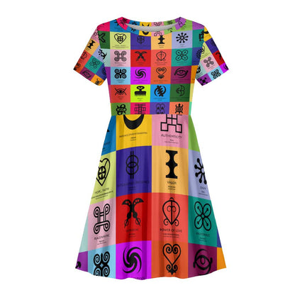 Multi Color Adinkra Symbols Kid Short Sleeve Dress African Adrinkra
