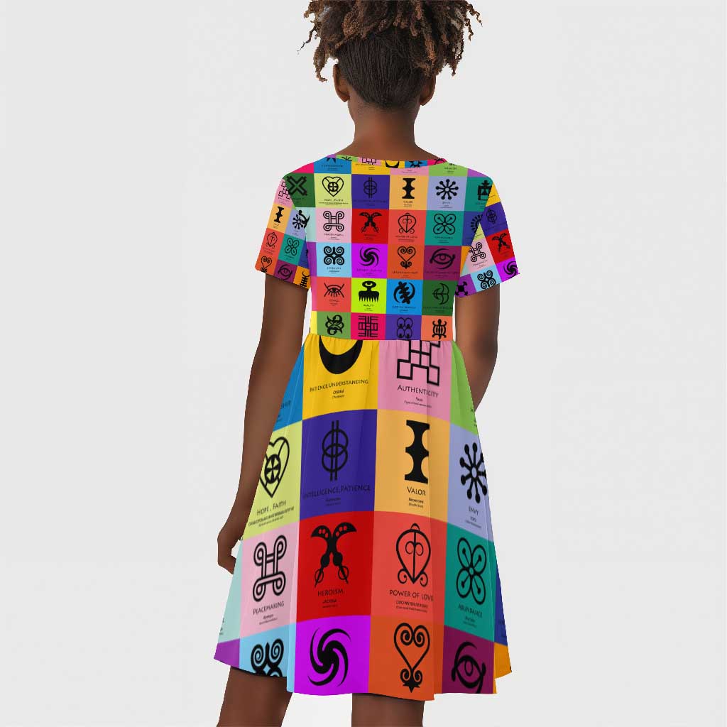 Multi Color Adinkra Symbols Kid Short Sleeve Dress African Adrinkra