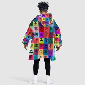 Multi Color Adinkra Symbols KId Wearable Blanket Hoodie African Adrinkra