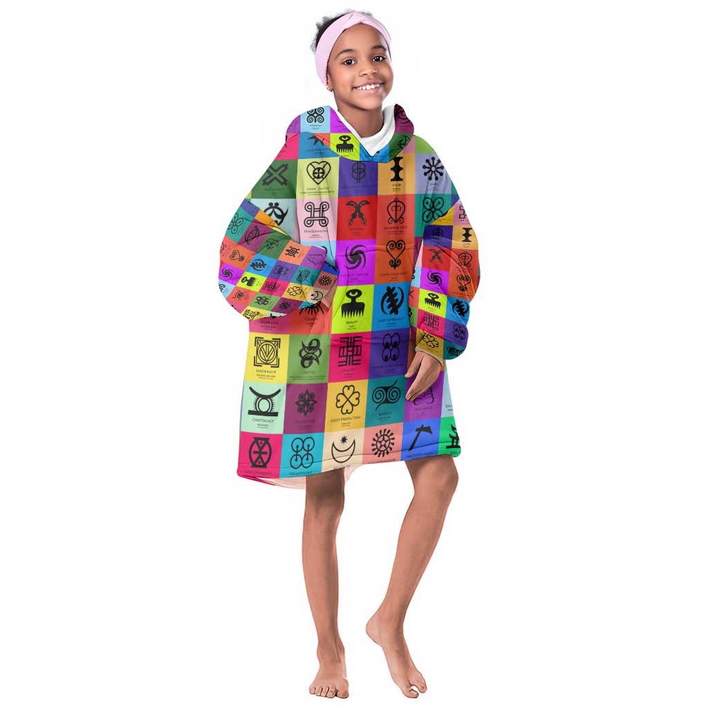 Multi Color Adinkra Symbols KId Wearable Blanket Hoodie African Adrinkra