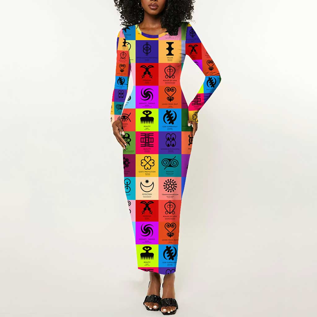 Multi Color Adinkra Symbols Long Sleeve Bodycon Dress African Adrinkra DT02