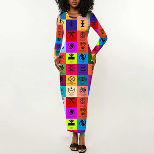 Multi Color Adinkra Symbols Long Sleeve Bodycon Dress African Adrinkra DT02