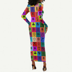 Multi Color Adinkra Symbols Long Sleeve Bodycon Dress African Adrinkra DT02