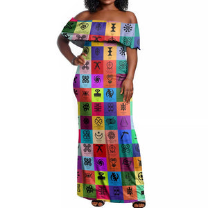 Multi Color Adinkra Symbols Off Shoulder Maxi Dress African Adrinkra
