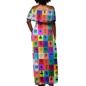 Multi Color Adinkra Symbols Off Shoulder Maxi Dress African Adrinkra