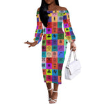 Multi Color Adinkra Symbols Off The Shoulder Long Sleeve Dress African Adrinkra