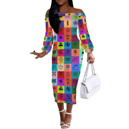 Multi Color Adinkra Symbols Off The Shoulder Long Sleeve Dress African Adrinkra