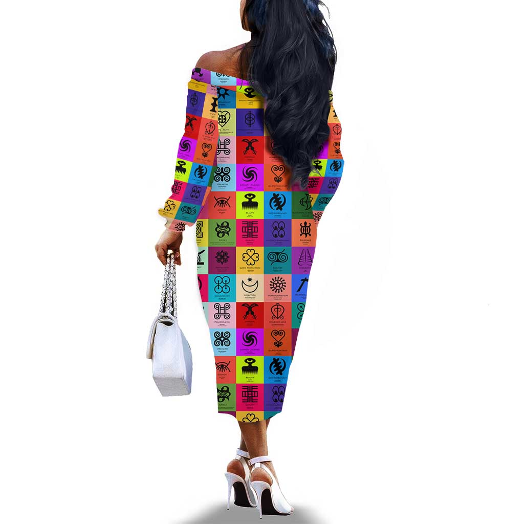 Multi Color Adinkra Symbols Off The Shoulder Long Sleeve Dress African Adrinkra