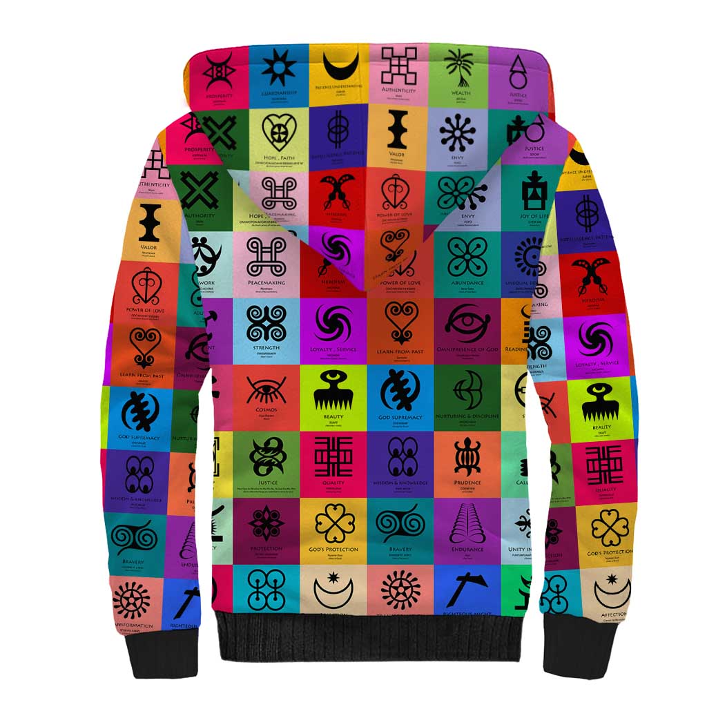 Multi Color Adinkra Symbols Sherpa Hoodie African Adrinkra