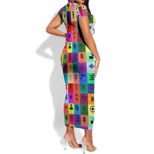 Multi Color Adinkra Symbols Short Sleeve Bodycon Dress African Adrinkra DT02
