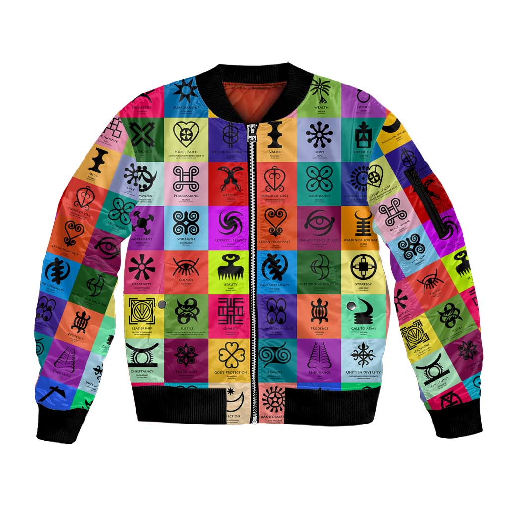 Multi Color Adinkra Symbols Sleeve Zip Bomber Jacket African Adrinkra