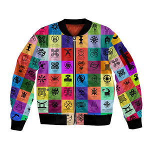 Multi Color Adinkra Symbols Sleeve Zip Bomber Jacket African Adrinkra