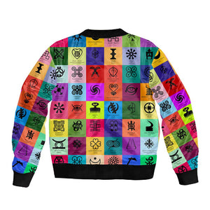 Multi Color Adinkra Symbols Sleeve Zip Bomber Jacket African Adrinkra