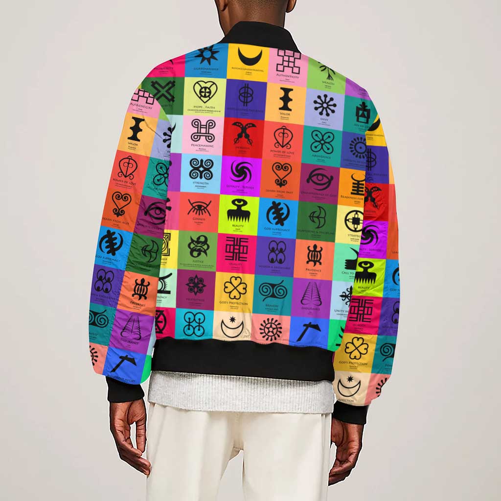 Multi Color Adinkra Symbols Sleeve Zip Bomber Jacket African Adrinkra