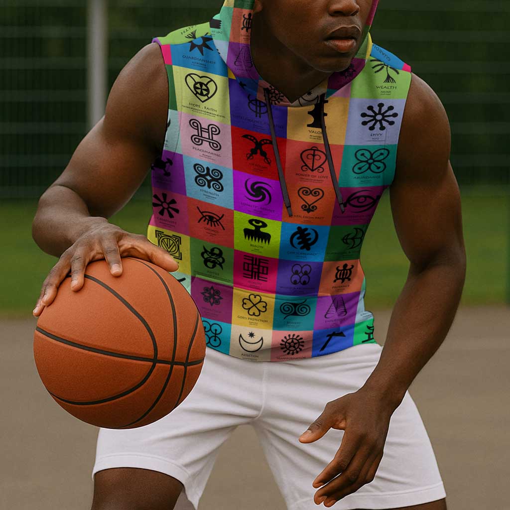 Multi Color Adinkra Symbols Sleeveless Hoodie African Adrinkra - African Pride