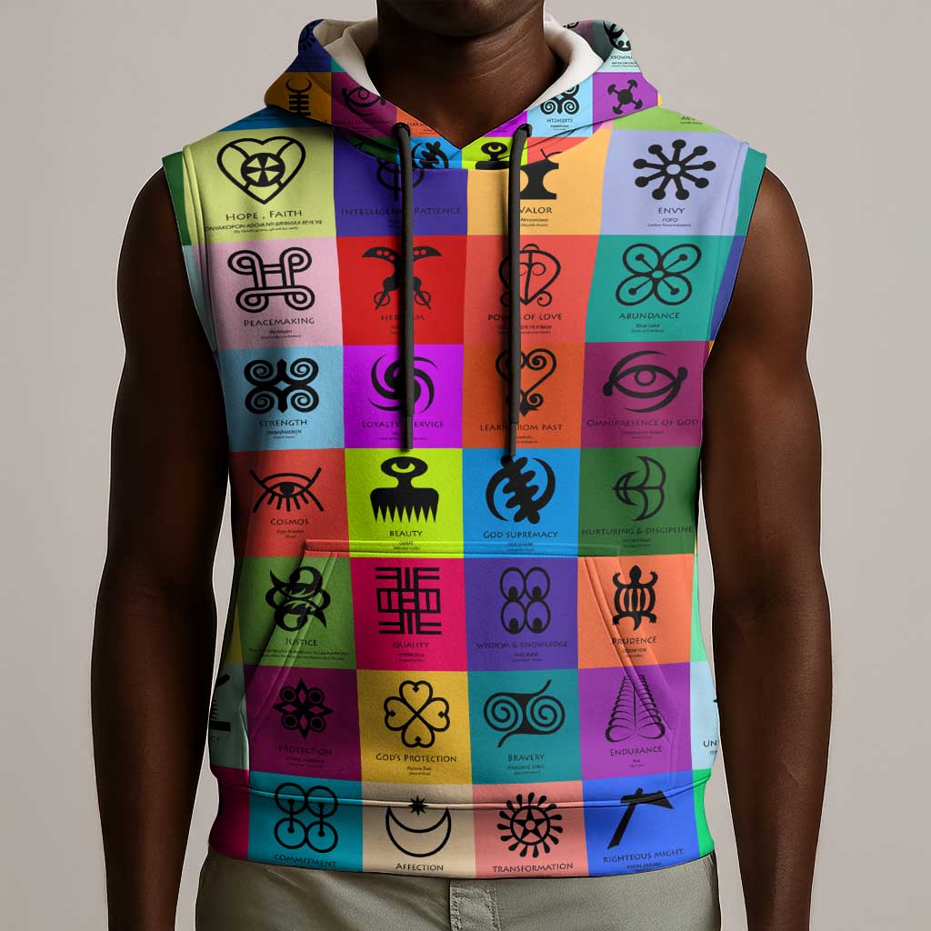Multi Color Adinkra Symbols Sleeveless Hoodie African Adrinkra - African Pride