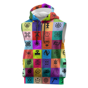 Multi Color Adinkra Symbols Sleeveless Zip Hoodie African Adrinkra - African Pride