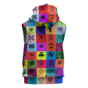 Multi Color Adinkra Symbols Sleeveless Zip Hoodie African Adrinkra - African Pride