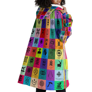 Multi Color Adinkra Symbols Wearable Blanket Hoodie African Adrinkra