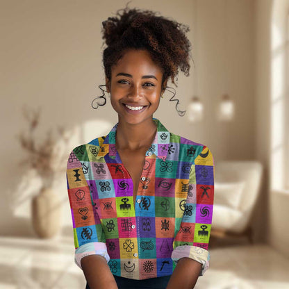 Multi Color Adinkra Symbols Women Casual Shirt African Adrinkra DT02