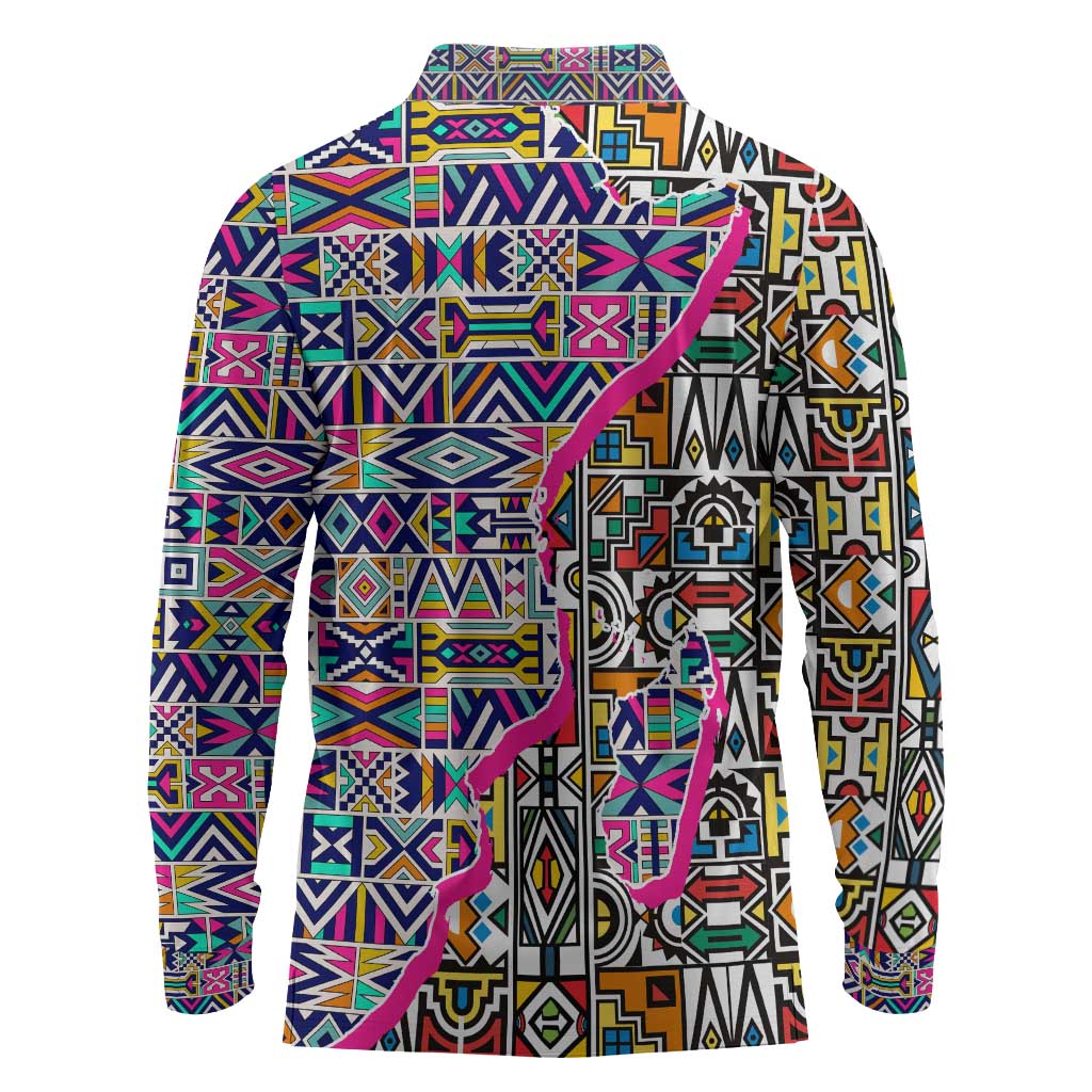 African Ndebele Pattern Long Sleeve Polo Shirt