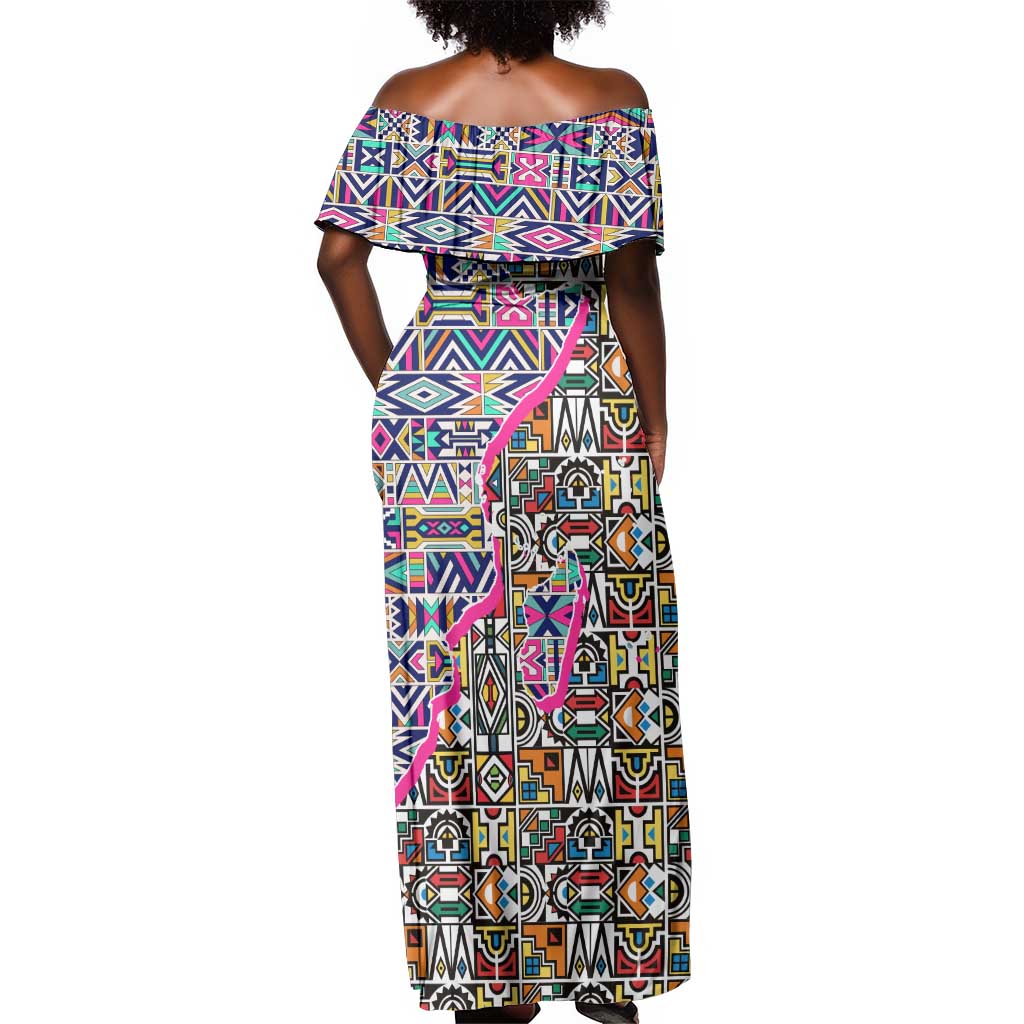 African Ndebele Pattern Off Shoulder Maxi Dress