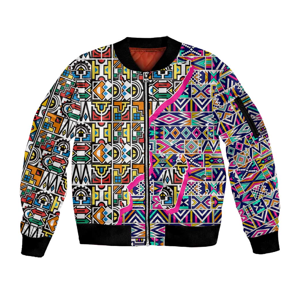 African Ndebele Pattern Sleeve Zip Bomber Jacket